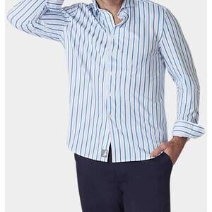 NEW BUKI barrett stripe long sleeve tech shirt in blue/white